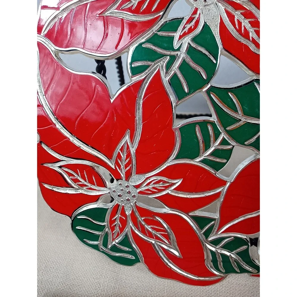 Vintage Wm A Rogers Poinsettia Trivet Silverplate & Enamel 1986 Christmas Trivet